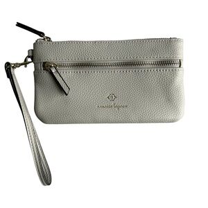 NANETTE LEPORE Tech Wristlet Clutch Vegan Pebbled Leather Oatmeal‎ Gold Logo